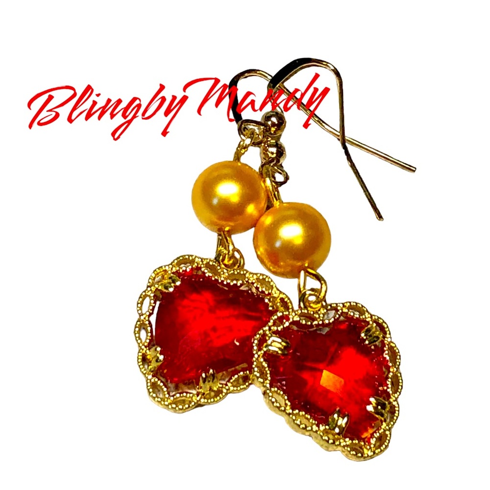 Gorgeous Valentines hearts in red with gold sea shell pearls accent